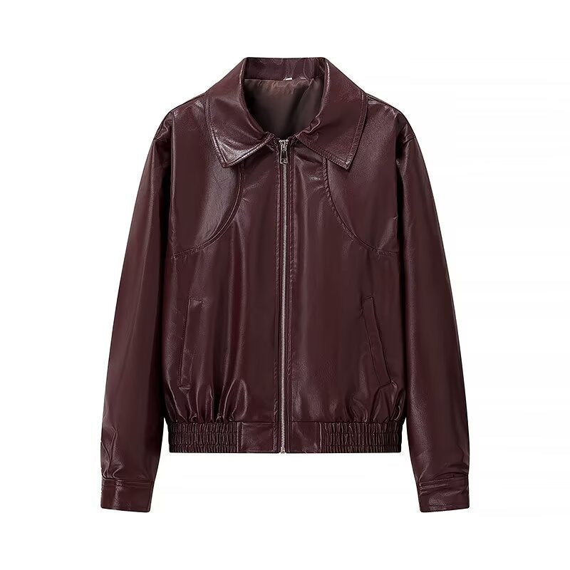 Women's Shiny Leather-Look Blouson Jacket with Shirt Collar, Zipper and Elastic Hem Fashion Glam
