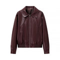 Women's Shiny Leather-Look Blouson Jacket with Shirt Collar, Zipper and Elastic Hem Fashion Glam
