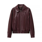 Women's Shiny Leather-Look Blouson Jacket with Shirt Collar, Zipper and Elastic Hem Fashion Glam