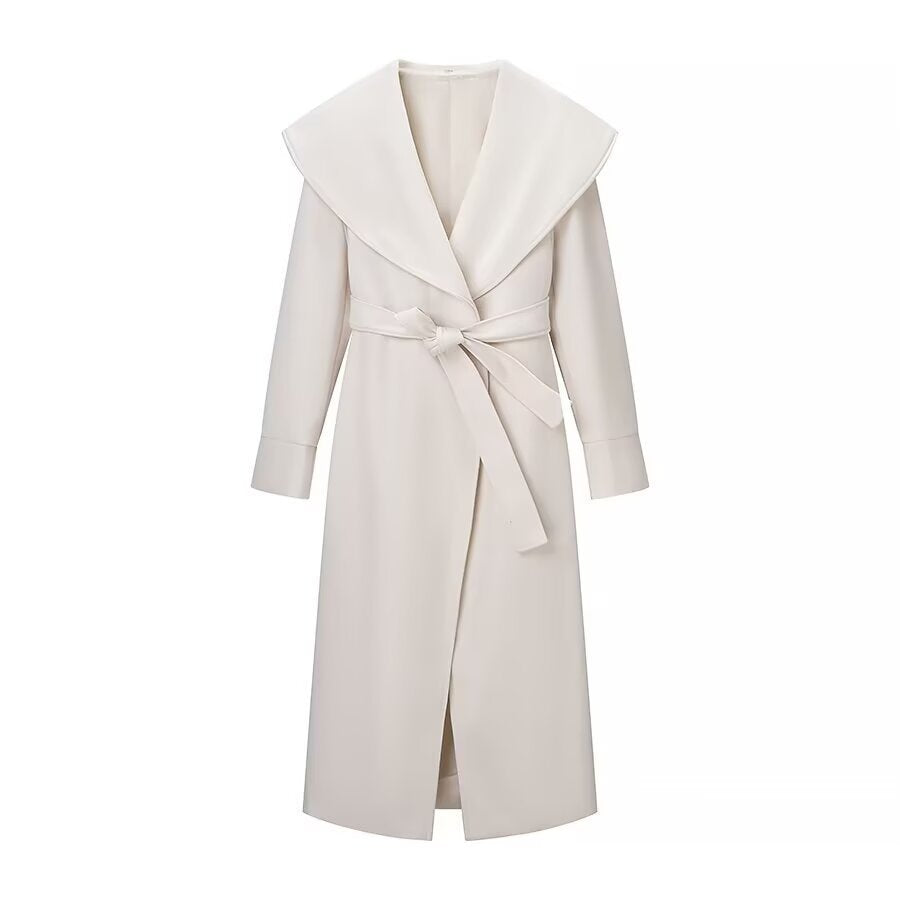 Women Elegant Coat with Oversized Shawl Collar and Tied Belt Fashion Glam
