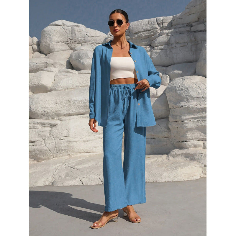 Women's Two-Piece Linen Look Loungewear Set with Oversized Shirt and Wide Comfort Palazzo Fashion Glam