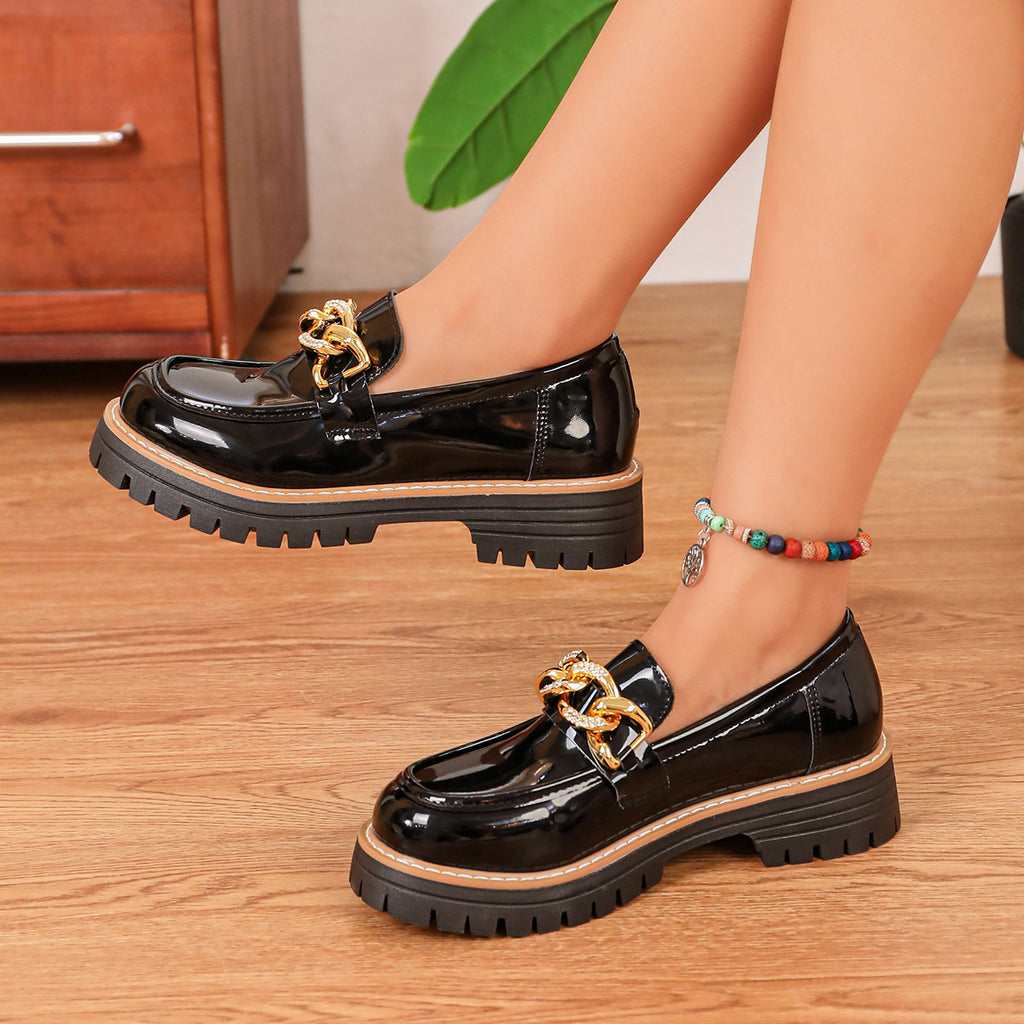 Women's Shiny Slip-On Loafers with Chunky Profile Sole and Decorative Chain Fashion Glam
