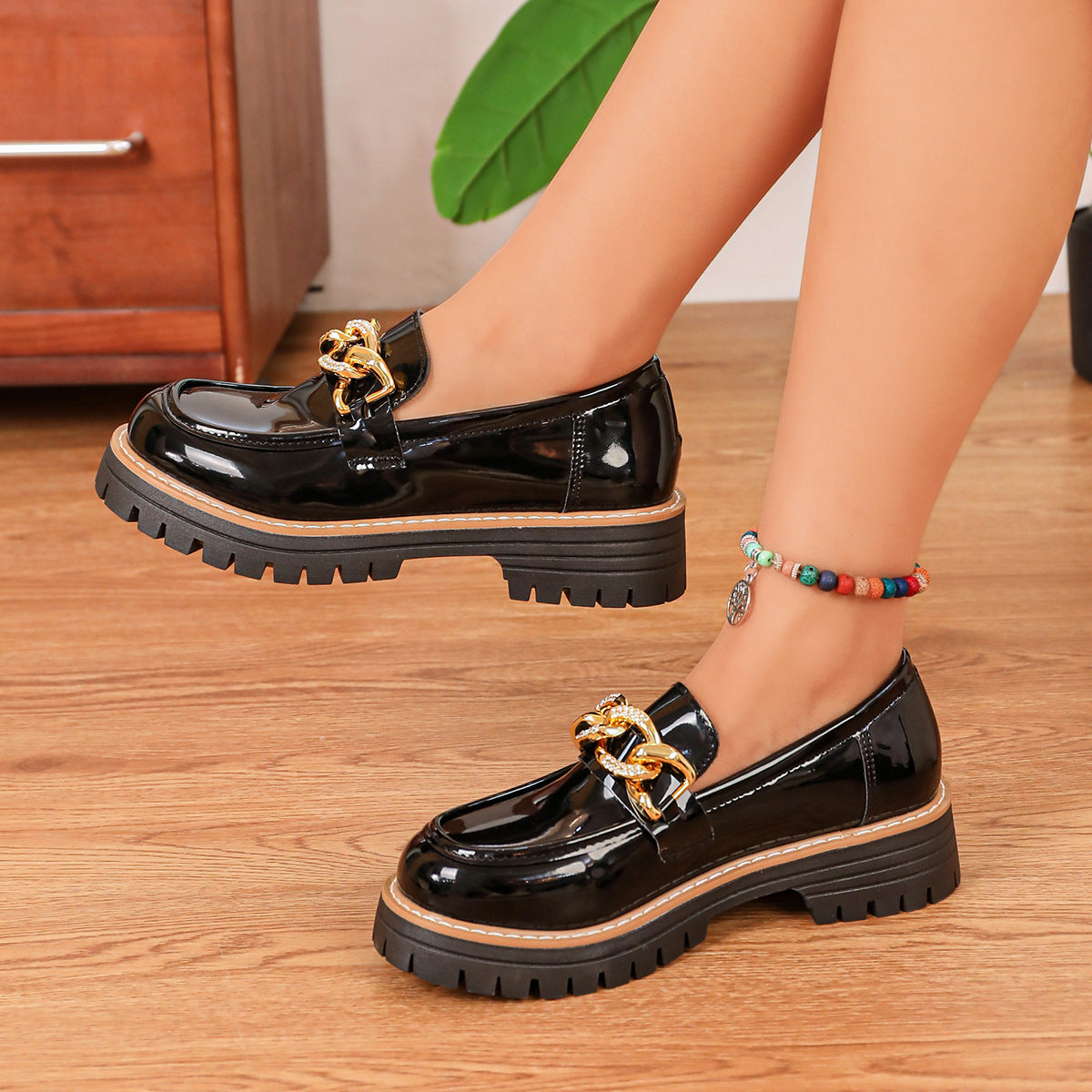 Women's Shiny Slip-On Loafers with Chunky Profile Sole and Decorative Chain Fashion Glam