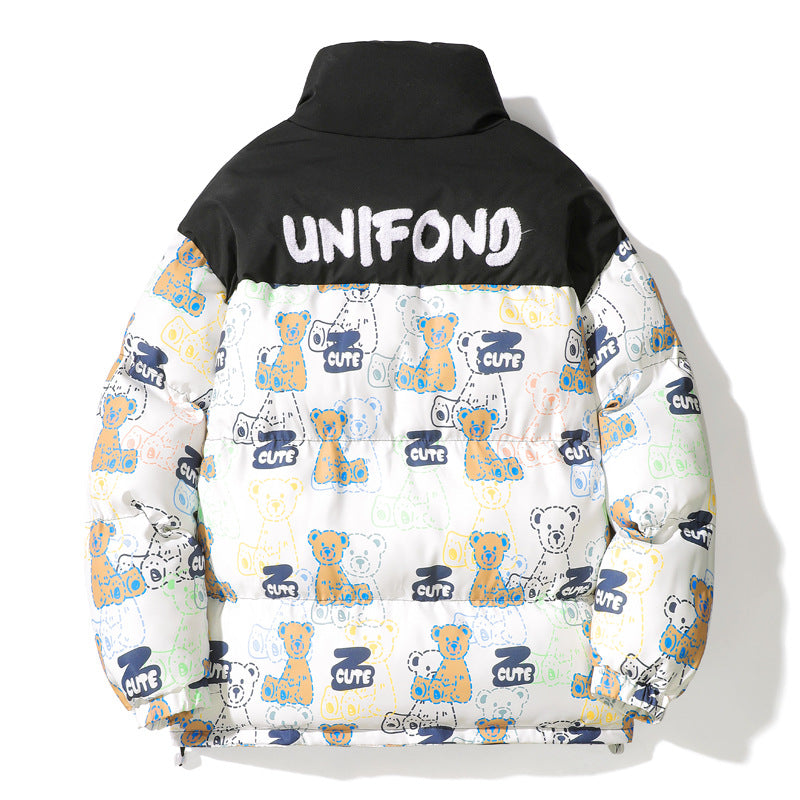 Unisex Quilted Teddy-Print Puffer Jacket with High Collar Fashion Glam