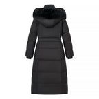 Women's Long Quilted Coat with Waist Belt, Hood and Faux Fur Trim Fashion Glam