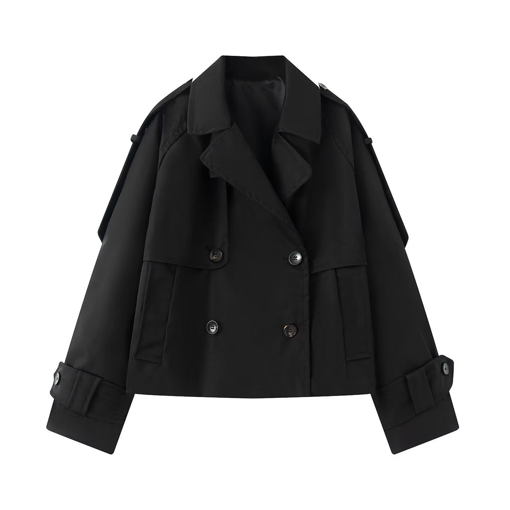 Women Short Cut Cropped Trench Coat with Double-Breasted Button Closure and Epaulets Fashion Glam