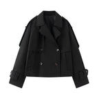 Women Short Cut Cropped Trench Coat with Double-Breasted Button Closure and Epaulets Fashion Glam