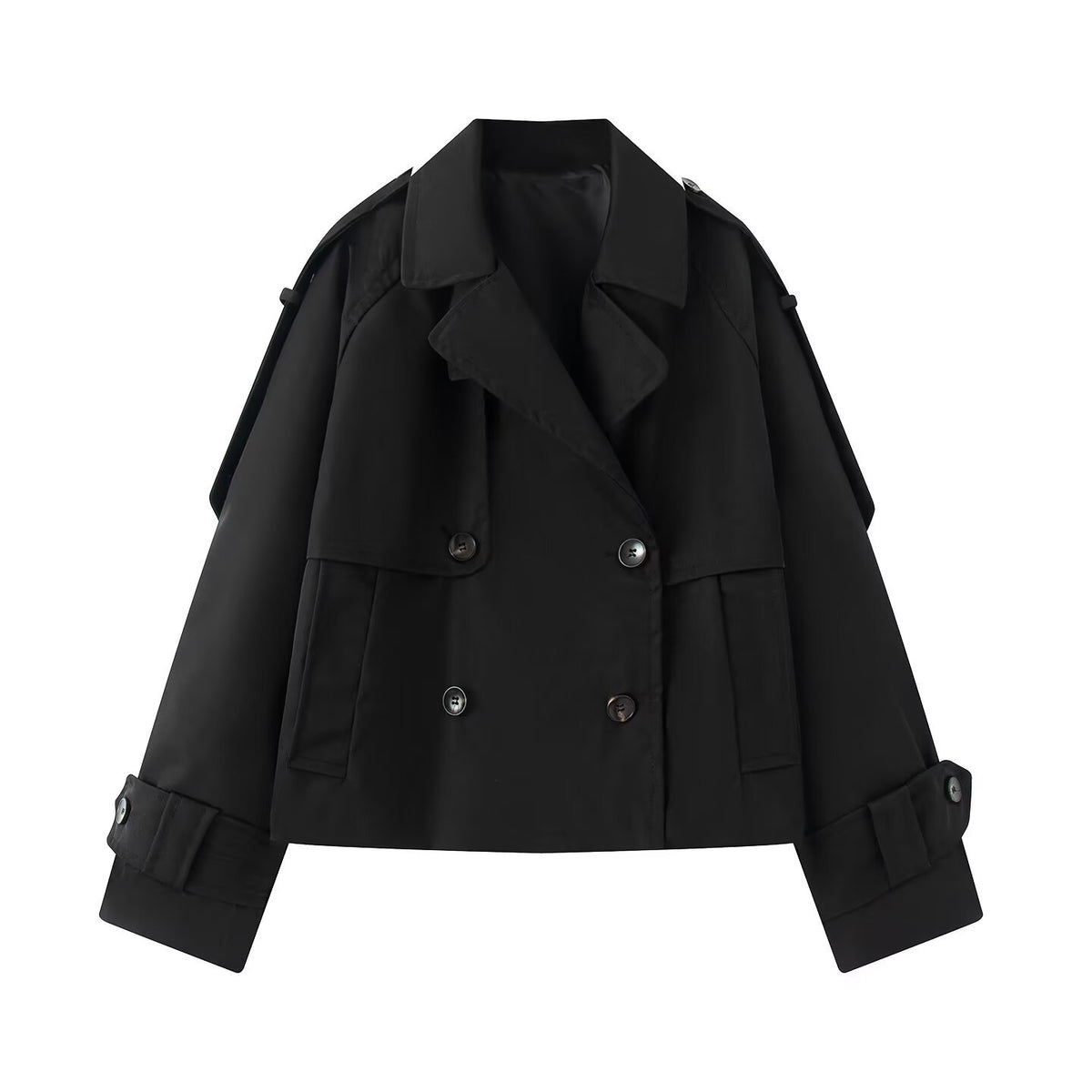 Women Short Cut Cropped Trench Coat with Double-Breasted Button Closure and Epaulets Fashion Glam