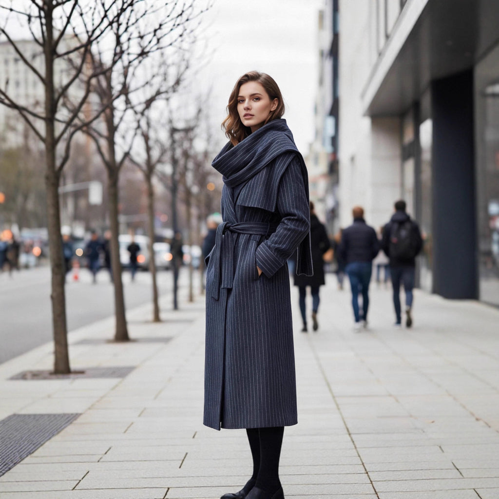 Women’s long coat with oversized shawl collar, belt at the waist and pinstripes Fashion Glam