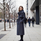 Women’s long coat with oversized shawl collar, belt at the waist and pinstripes Fashion Glam
