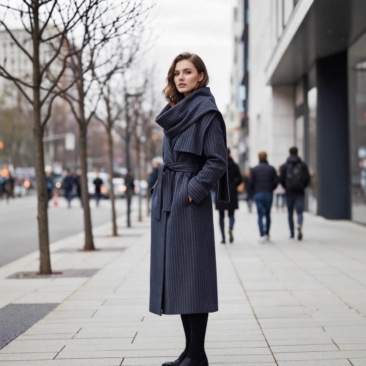 Women’s long coat with oversized shawl collar, belt at the waist and pinstripes Fashion Glam