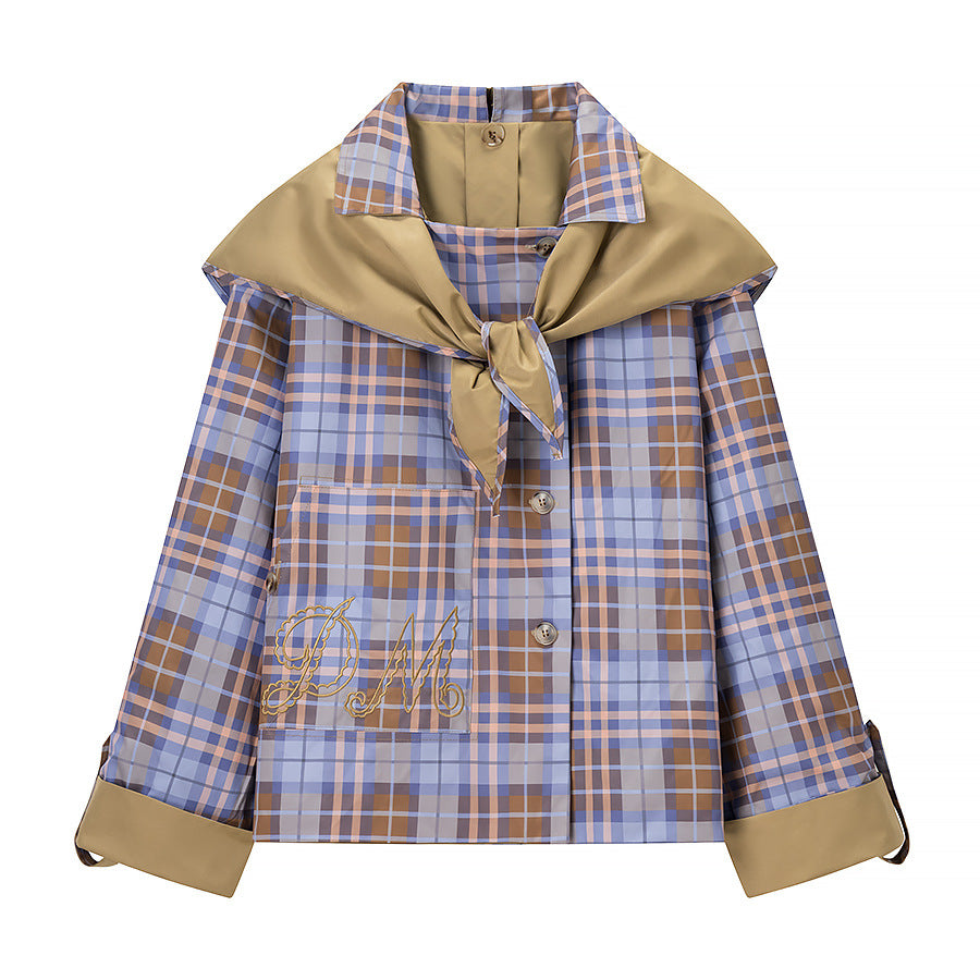 Women's short jacket with sailor collar and checked lining with tie scarf Fashion Glam