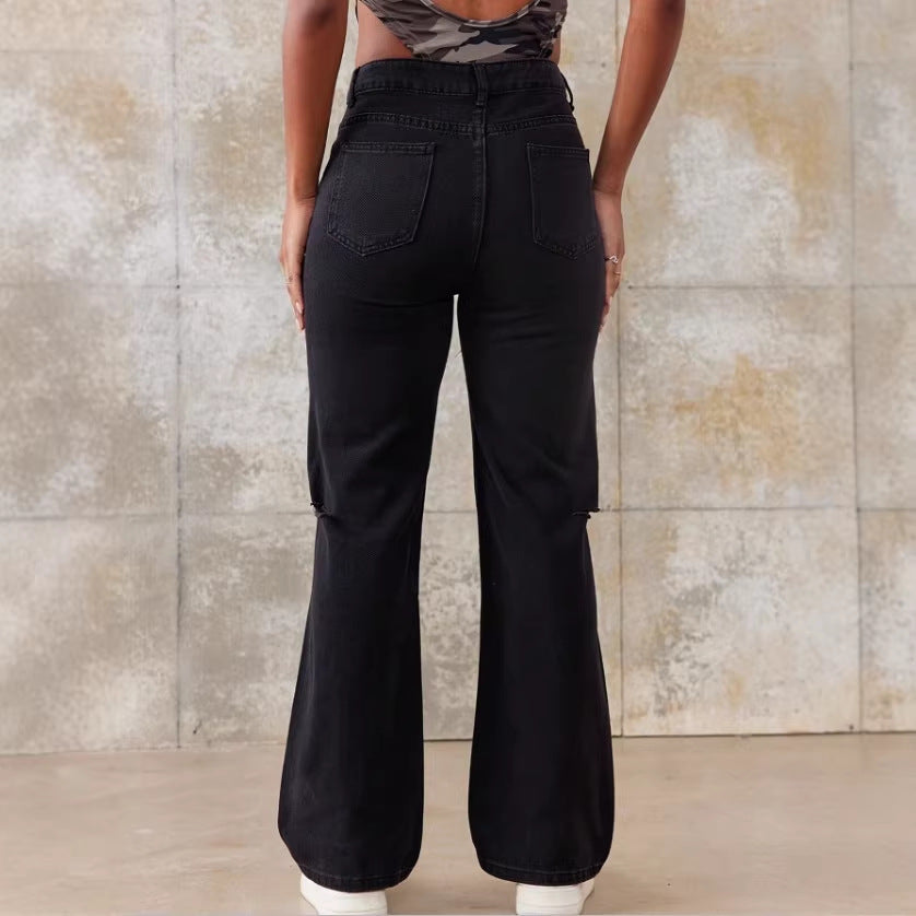 Ladies High-Waist Straight Jeans with wide leg, knee rip and textured denim look Fashion Glam