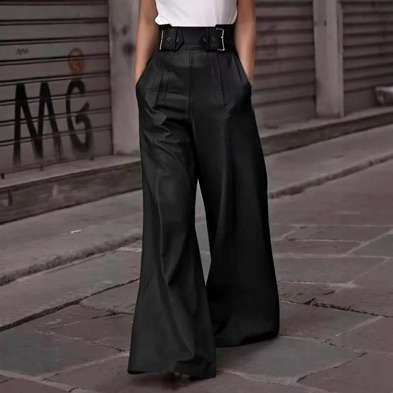 Ladies wide high-waist palazzo pants made of faux leather with wide waistband Fashion Glam