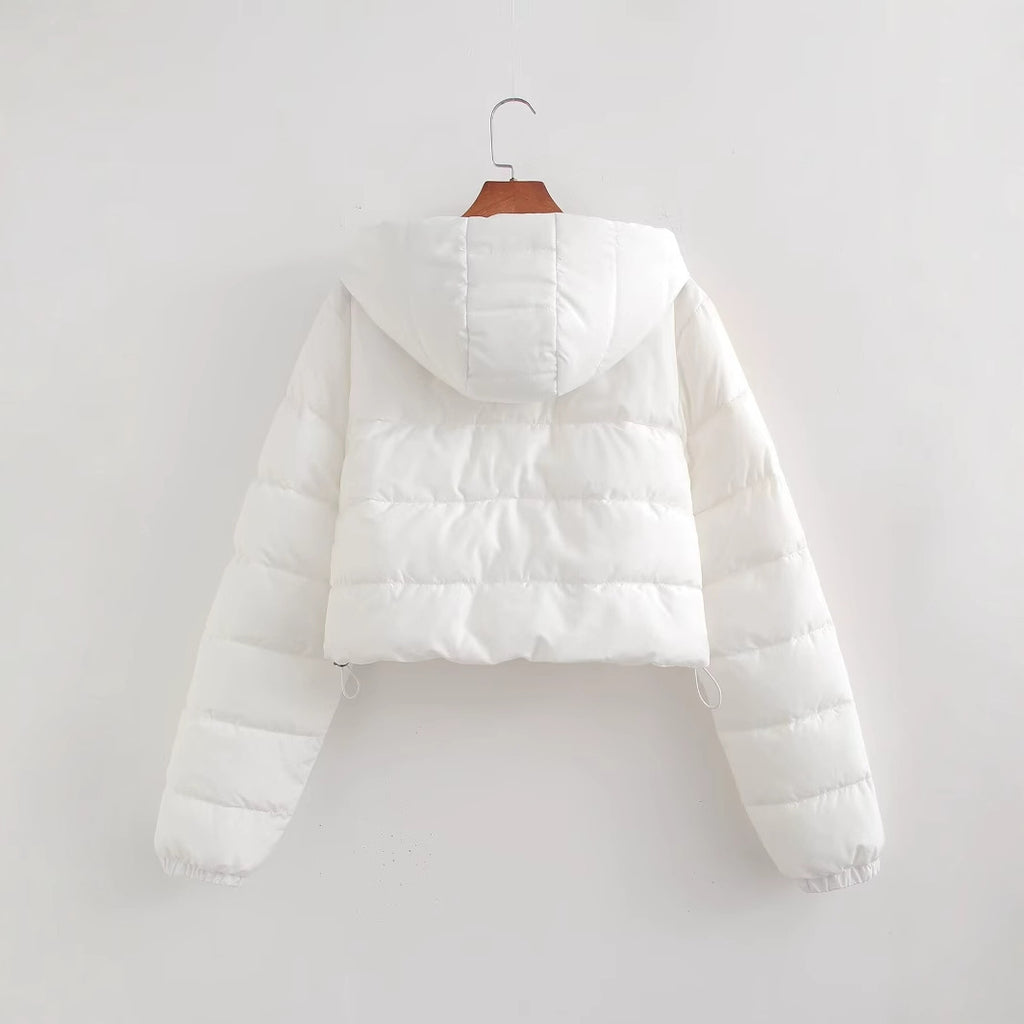 Women Short Quilted Hooded Puffer Jacket with Drawstring and Zipper Fashion Glam