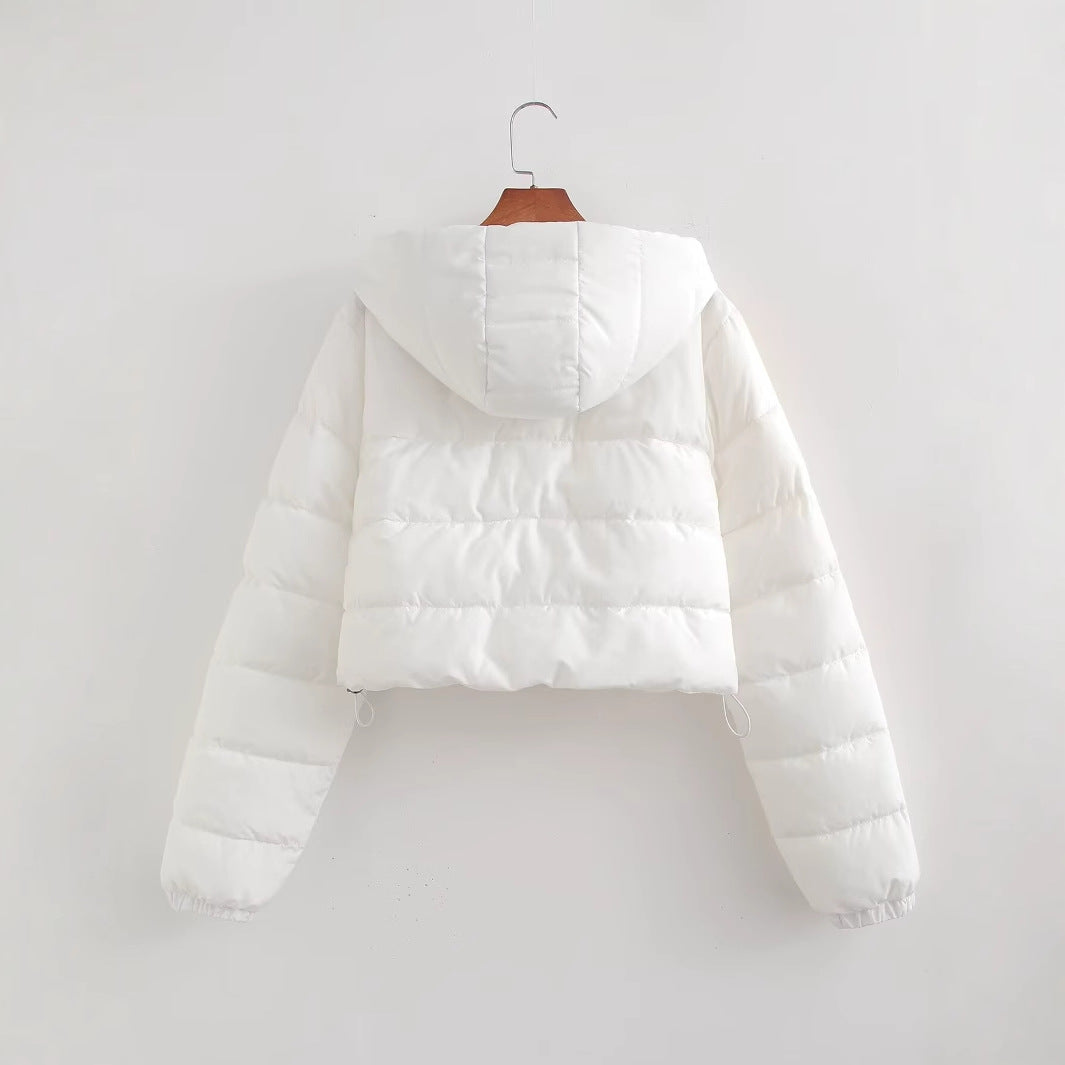 Women Short Quilted Hooded Puffer Jacket with Drawstring and Zipper Fashion Glam