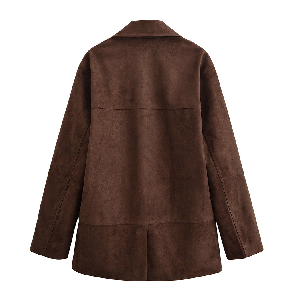 Women's Oversized Suede Look Blazer Jacket with Lapel Collar and Flap Pockets Fashion Glam