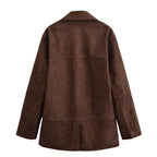 Women's Oversized Suede Look Blazer Jacket with Lapel Collar and Flap Pockets Fashion Glam