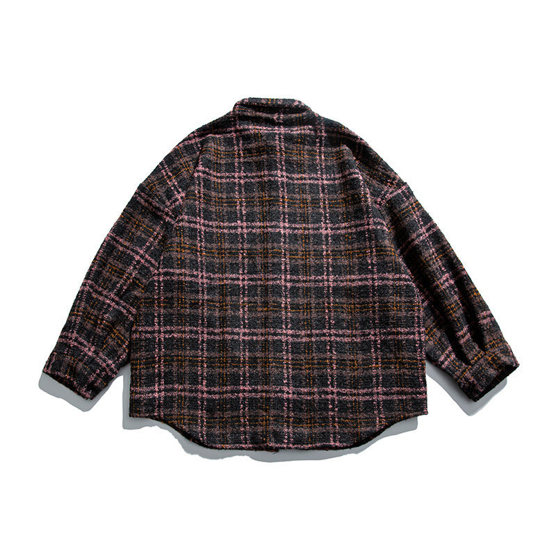 Unisex Boucle Check Shirt Jacket with Quilted Lining, Rounded Hem and Shirt Collar Fashion Glam