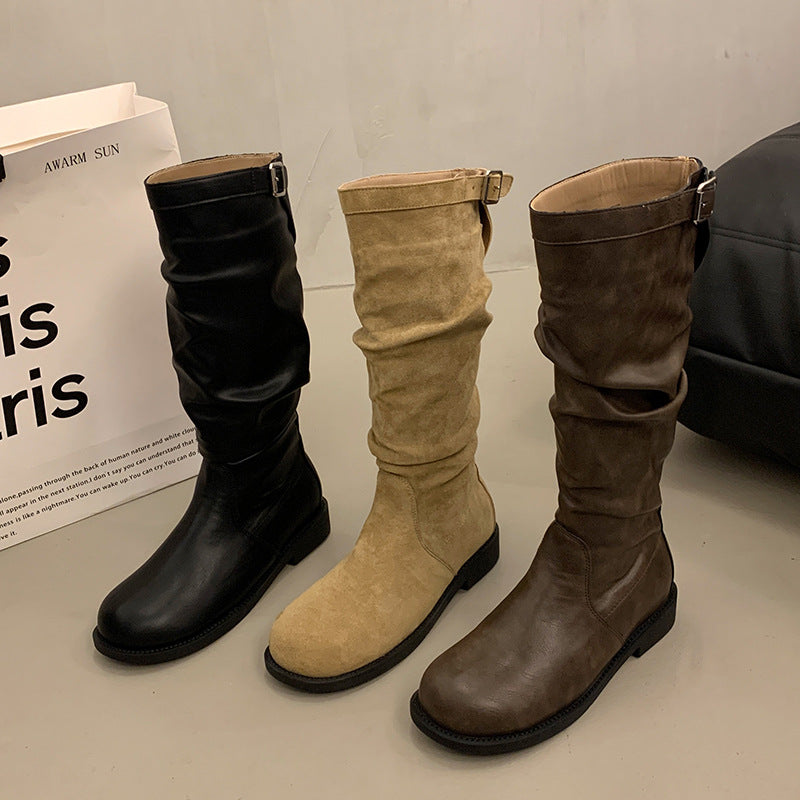 Women's suede knee-high boots with gathered shaft and adjustable buckle tab Fashion Glam