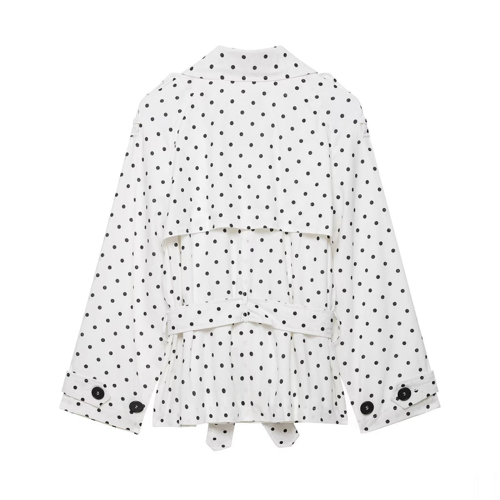 Women Polka Dot Cropped Trench Coat with Tie Belt Fashion Glam