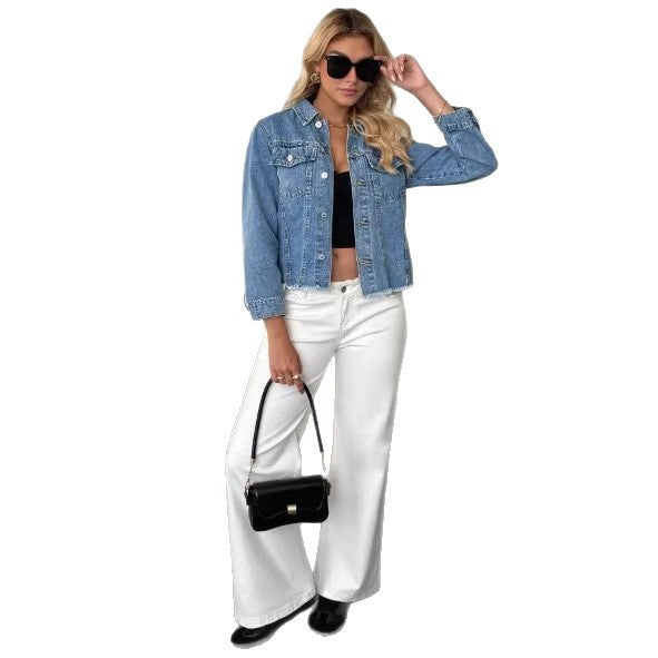 Women's Short Cut Oversized Denim Jacket with Frayed Hem and Flap Pockets Fashion Glam