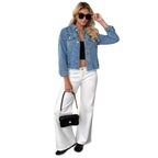 Women's Short Cut Oversized Denim Jacket with Frayed Hem and Flap Pockets Fashion Glam
