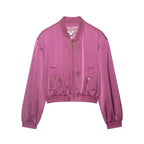 Women Cropped Satin Bomber Jacket with Zipper, Flap Pockets and Ribbed Cuffs Fashion Glam