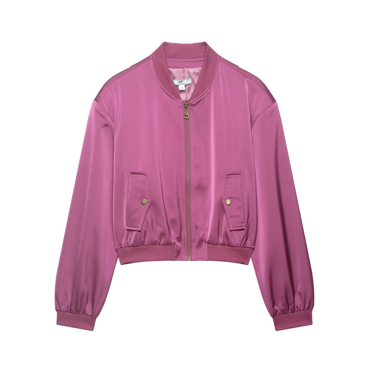 Women Cropped Satin Bomber Jacket with Zipper, Flap Pockets and Ribbed Cuffs Fashion Glam