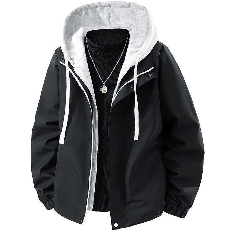 Men's Two-Layer Windbreaker Hooded Jacket with Contrast Lining and Concealed Zipper Fashion Glam
