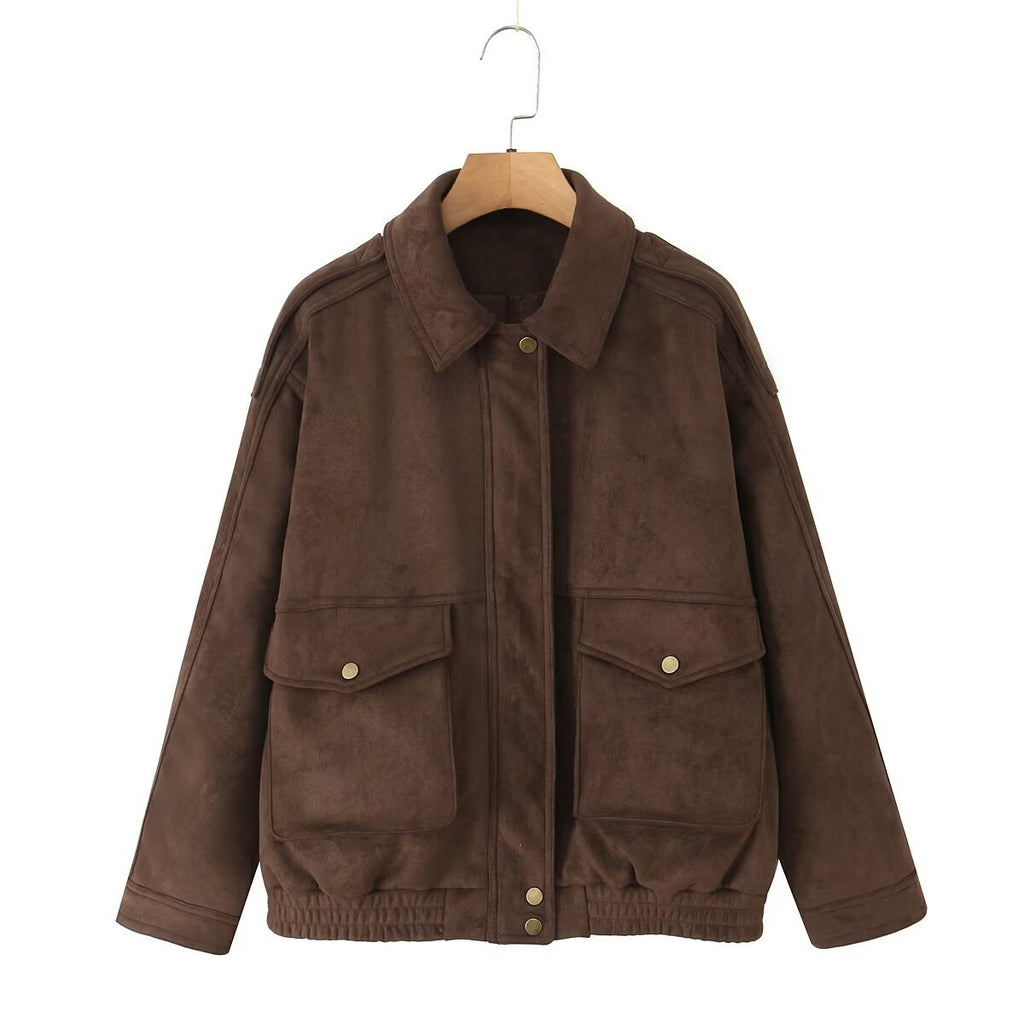 Women's Oversize Suede-Look Bomber Jacket with Flap Pockets and Elastic Hem Fashion Glam