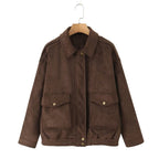 Women's Oversize Suede-Look Bomber Jacket with Flap Pockets and Elastic Hem Fashion Glam