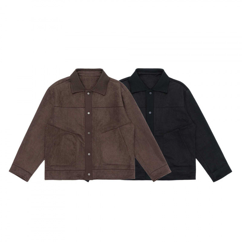 Unisex Boxy Transitional Jacket with Velvet Texture, Shirt Collar and Diagonal Insert Pockets Fashion Glam