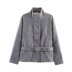 Women's Boxy Wool Jacket with Stand-Up Collar, Concealed Snap Button Placket and D-Ring Waist Belt Fashion Glam