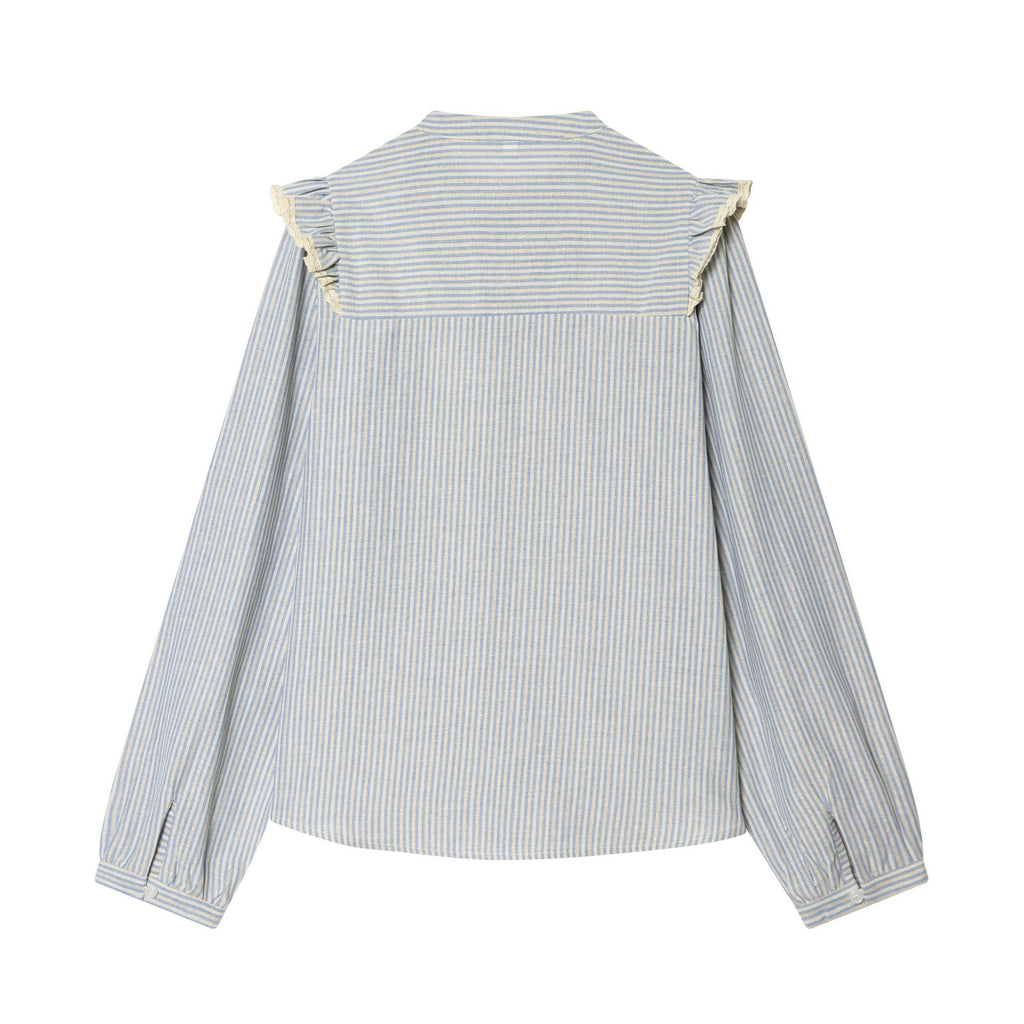 Women Striped Cotton Blouse with Square Bust Yoke, Ruffle and Lace Trim Fashion Glam