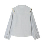 Women Striped Cotton Blouse with Square Bust Yoke, Ruffle and Lace Trim Fashion Glam