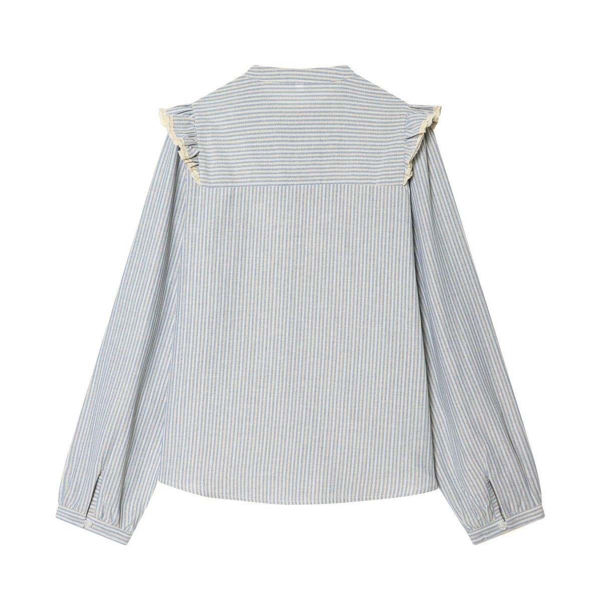 Women Striped Cotton Blouse with Square Bust Yoke, Ruffle and Lace Trim Fashion Glam