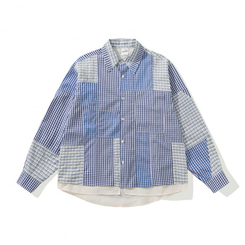 Unisex Oversized Patchwork Overshirt made of lightweight cotton blend with checkered design and shirt collar Fashion Glam