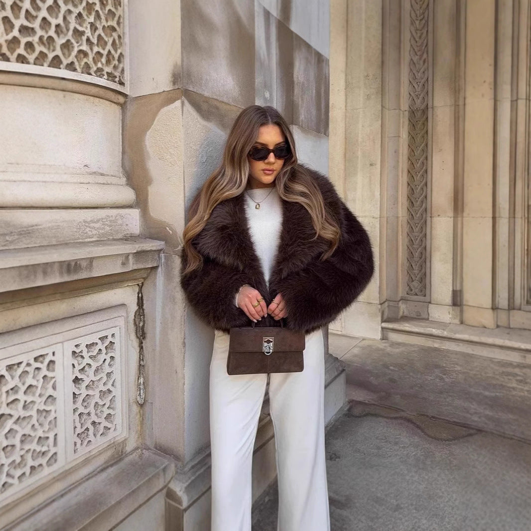 Ladies Short Cropped Faux Fur Jacket with Voluminous Shawl Collar Fashion Glam