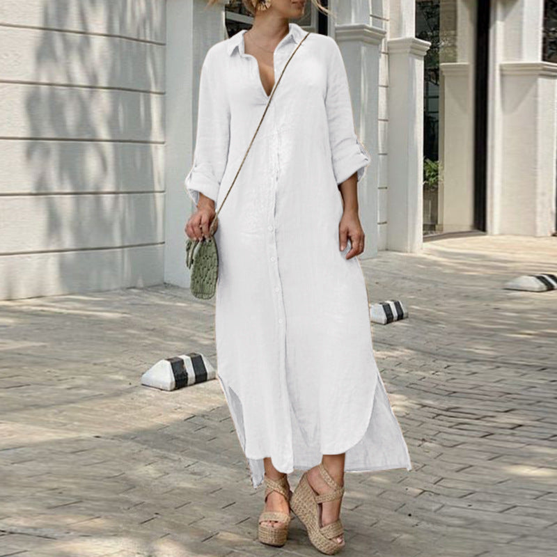 Women's button-up shirt dress with a continuous button placket, side slits, and 3/4 sleeves Fashion Glam