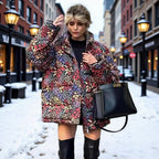 Women's Oversize Print Jacket with Stand-Up Collar and Hidden Button Placket Fashion Glam