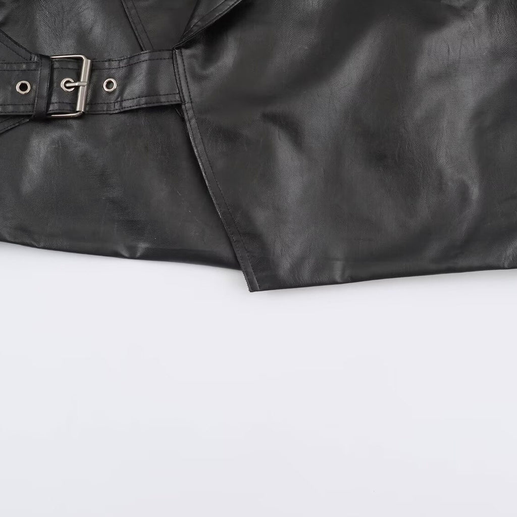 Women Short Oversized Faux Leather Jacket with Wide Shawl Collar and Belt Fashion Glam