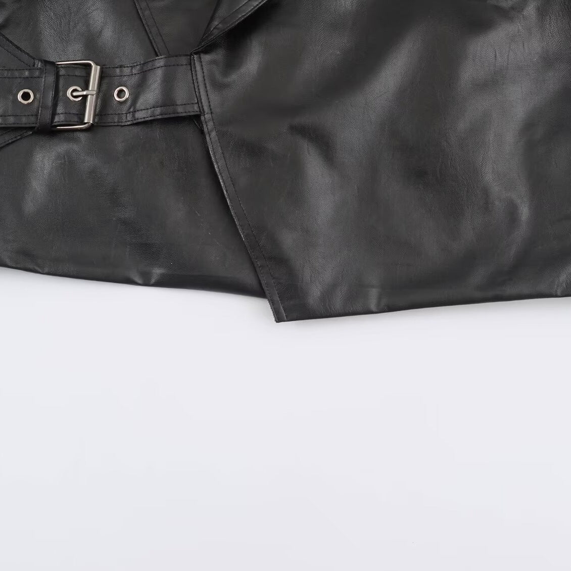Women Short Oversized Faux Leather Jacket with Wide Shawl Collar and Belt Fashion Glam