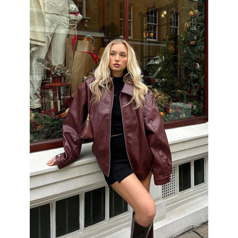 Women's Casual Leather Jacket with Oversized Cut Fashion Glam