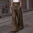 Ladies wide high-waist palazzo pants made of faux leather with wide waistband Fashion Glam