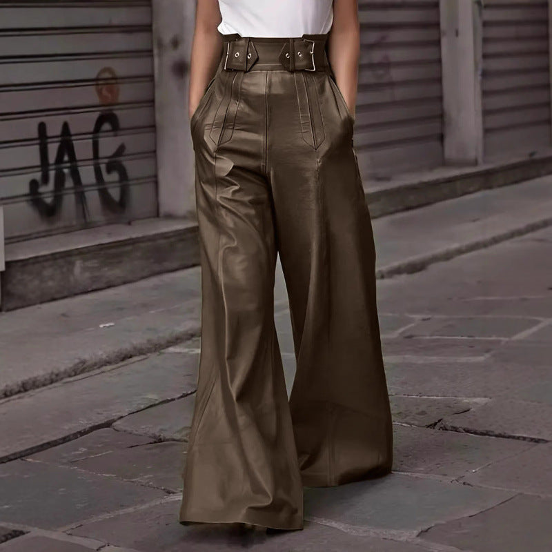 Ladies wide high-waist palazzo pants made of faux leather with wide waistband Fashion Glam