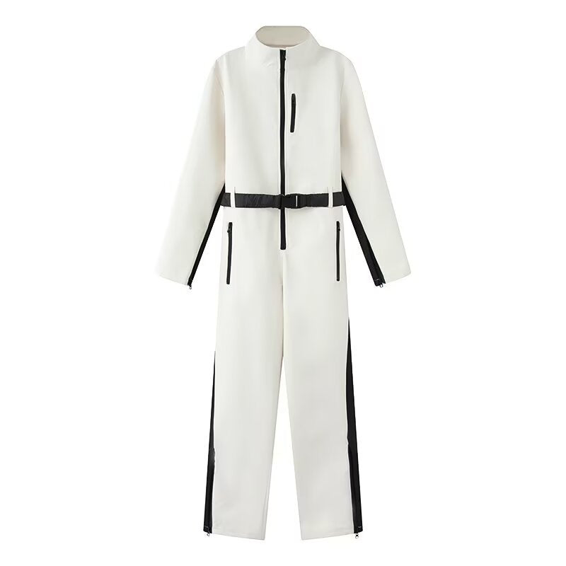 Women's Utility Overall with Waist Belt, Zippers and Stand-Up Collar Fashion Glam