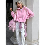 Women’s Oversized Fleece Pullover with Half Zipper and Stand-Up Collar Fashion Glam