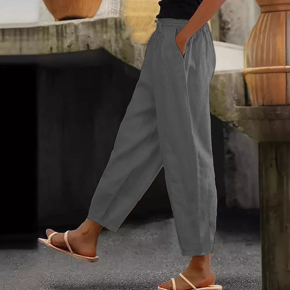 Women's Linen Blend Cropped Pants with Elastic Waistband, Drawstring and Side Pockets Fashion Glam