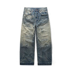 Men's Wide Vintage Denim Jeans with Used Wash and Distressed Details Fashion Glam